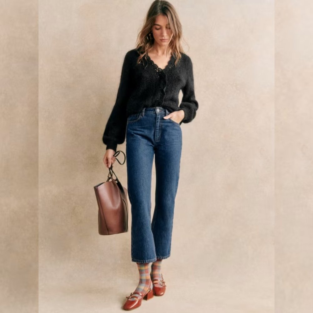 Sezane Angelie Cardigan in Black Wool Blend Long Sleeves V Neckline